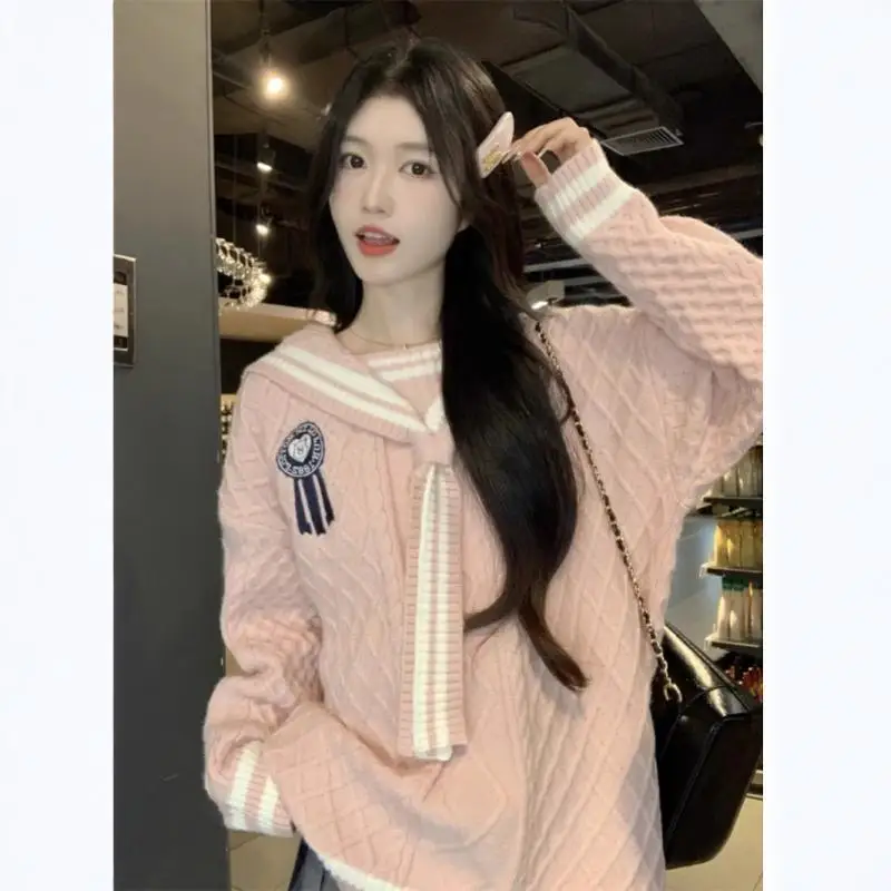 Suéter estilo universitário com gola marinha para mulheres no outono novo suéter doce e suave com emagrecimento