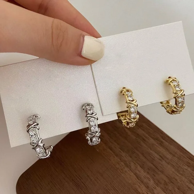 Versatile X Cross Full Rhinestone Stud Earrings, Niche Luxury Elegant Ear Ornaments for Ladies
