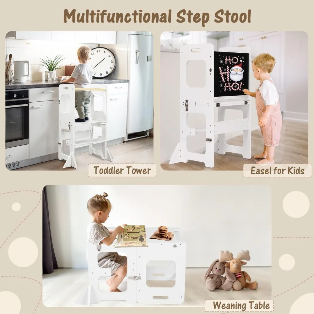 Aprendendo Standing Tower para Cozinha, Ajudante com Quadro, Bamboo Step Stool, Mesa e Cadeira, 4 em 1