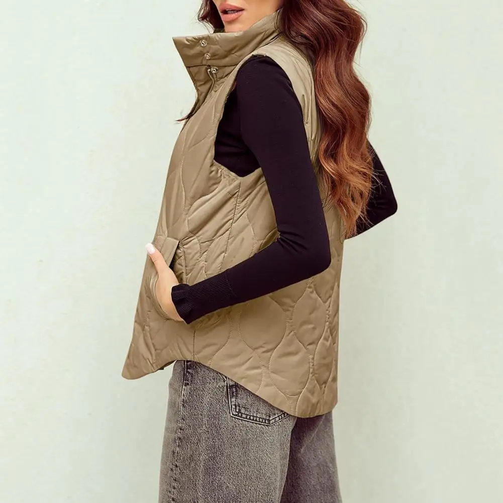 صدرية نسائية شتوية من القطن بياقة مقلوبة وسميكة بدون أكمام ملابس خارجية مبطنة مع جيب وسحاب للإغلاق معطف سترة متوسط الطول #4