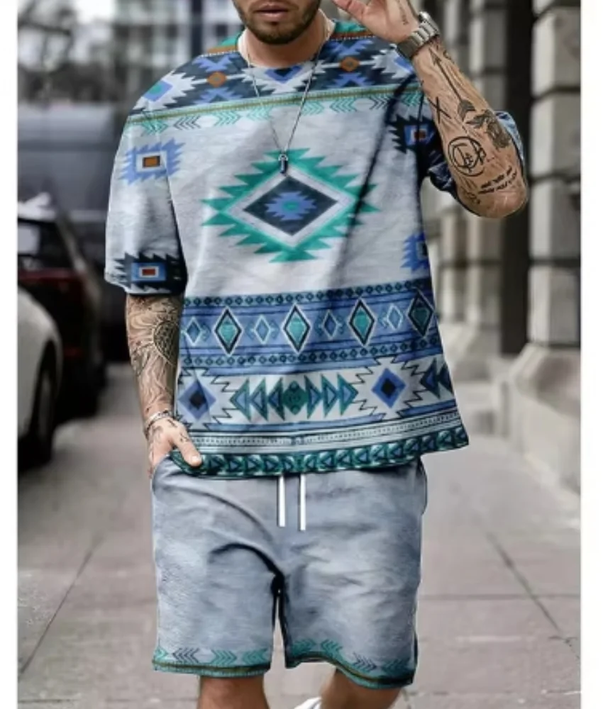 Summer Retro ethnic Style Men\'s Shorts Sets Casual T Shirts+Shorts 2PCS Outfits 3D Print Man Clothes Oversized O-Neck Sportswear