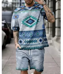 Summer Retro ethnic Style Men's Shorts Sets Casual T Shirts+Shorts 2PCS Outfits 3D Print Man Clothes Oversized O-Neck Sportswear