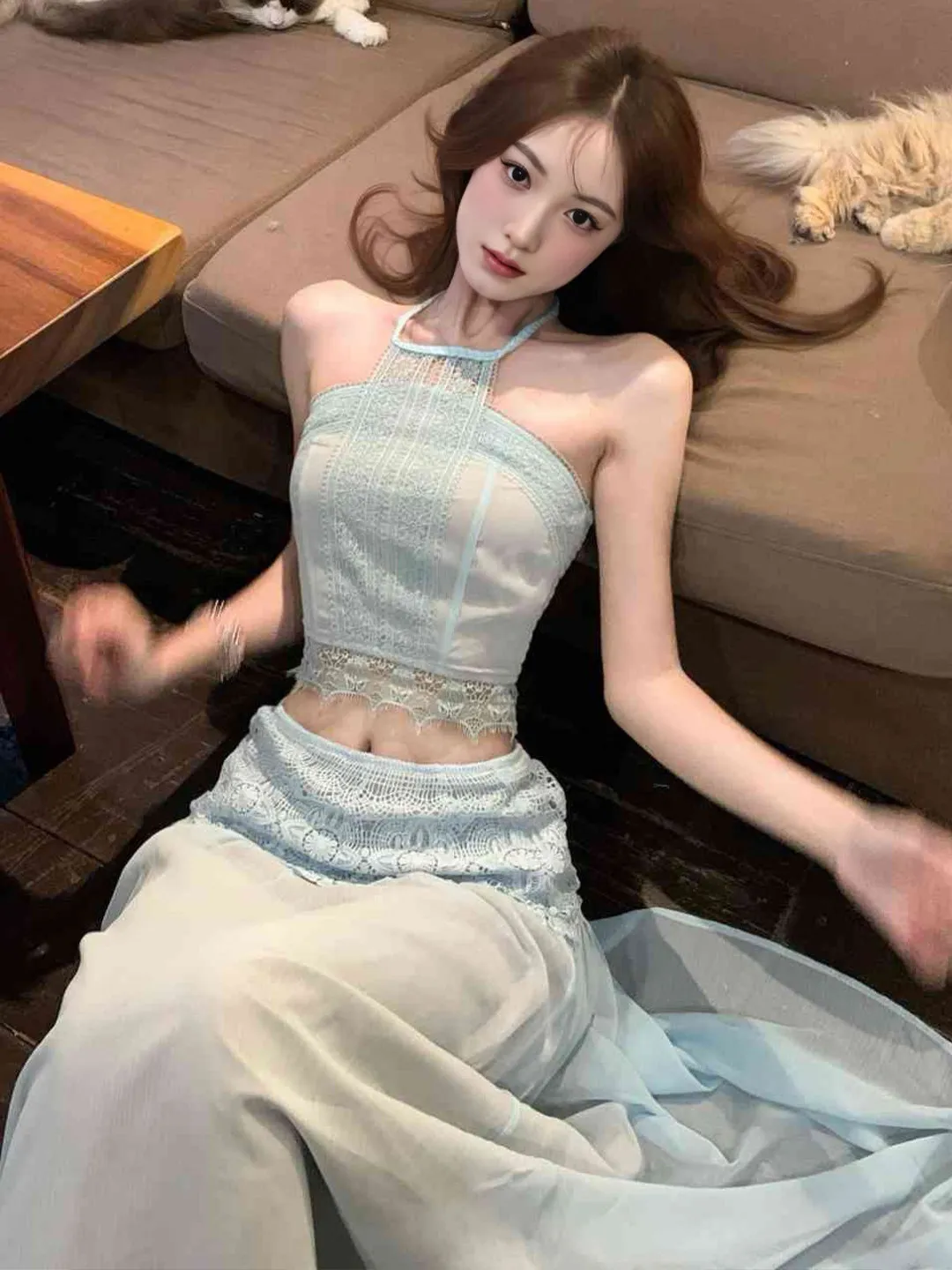 

Blue Lace Hollow out Top And High Waist Skirt Set Summer Vacation Casual Wear Breathable Lightweight Comfortable Two Piece Set