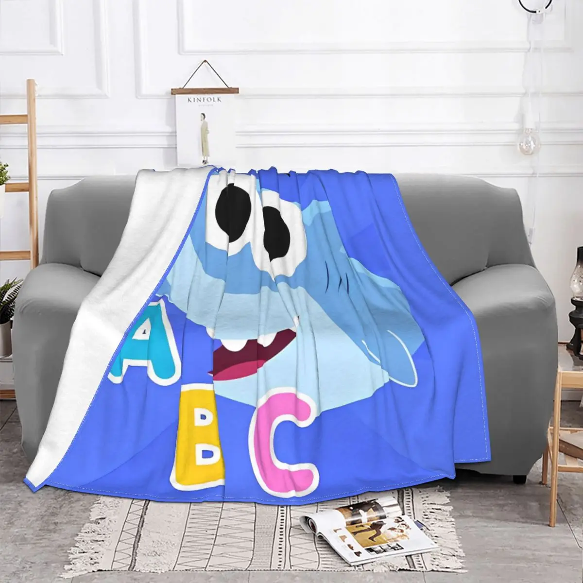 Finny The Shark Teaching ABC Knitted Blanket English Cartoon Wool Throw Blankets Bedding Couch Portable Lightweight Bedspreads