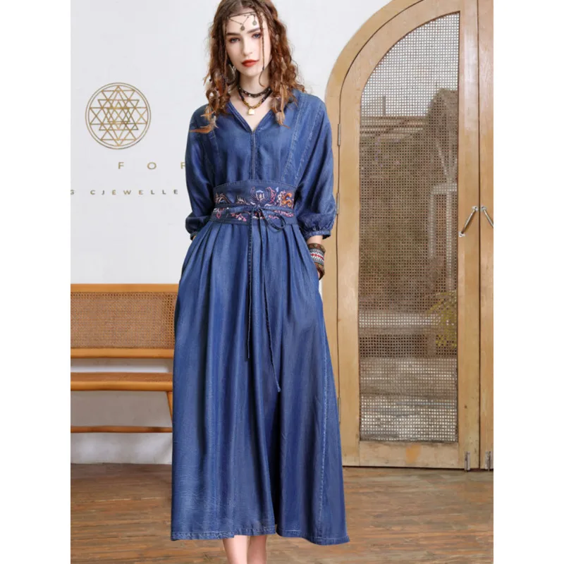 

#2768 Vintage Blue A-line Denim Dress Women High Waisted Retro Ladies Dresses Three Quarter Sleeve Belt Embroidery Spring Autumn