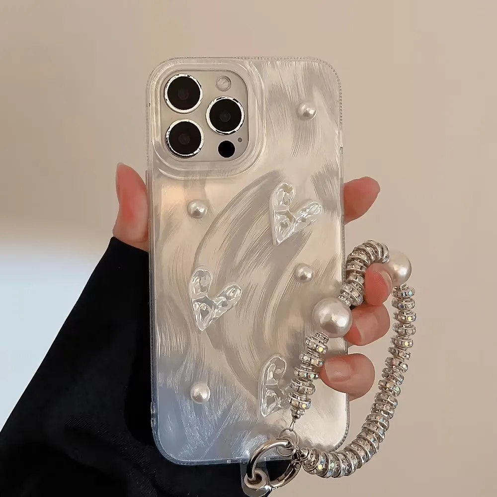 Simple 3D Love Heart Bracelet Furry Yarn Glitter Card Soft Case Compatible For iPhone 16 15 11 12 13 14 Pro Max XR X XS MAX