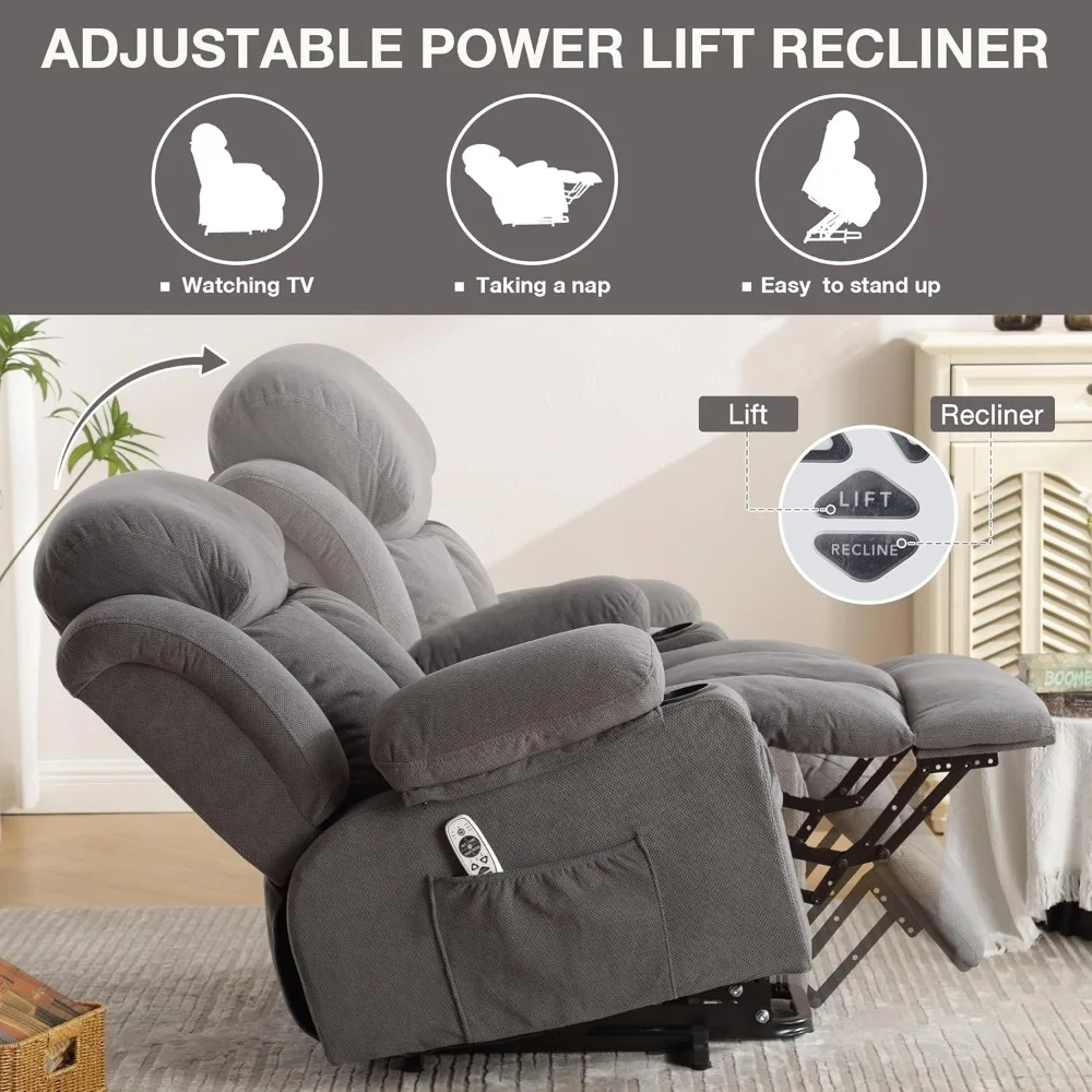 Silla reclinable de tela eléctrica para ancianos, asiento de elevación eléctrica con calor y masaje, bolsillo lateral, puerto de carga USB, Control remoto