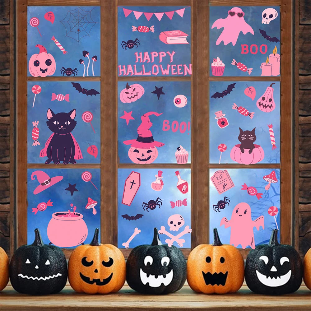 Runtowo 9 Blatt Halloween-Fensteraufkleber mit Fledermaus und Katze, 2025, Happy Halloween Party, Zuhause, Bar, Boden, Wandaufkleber