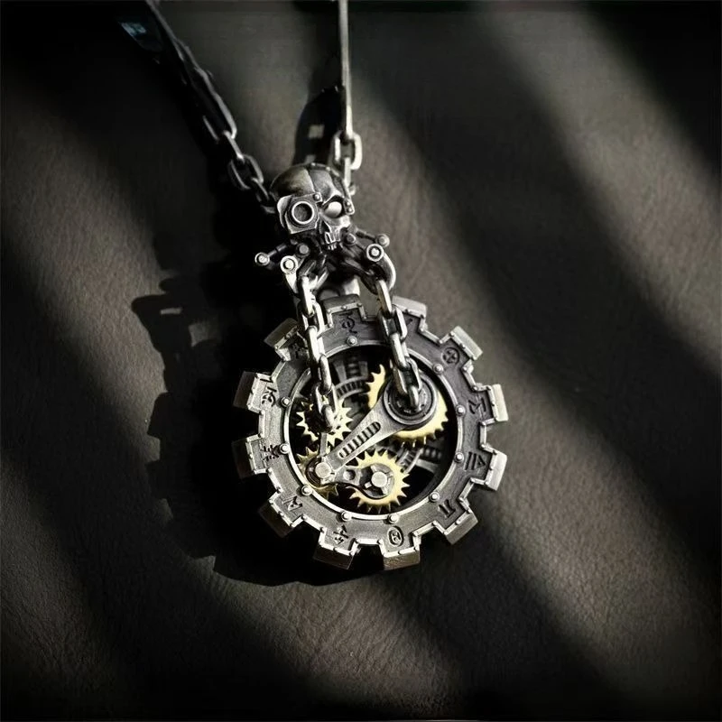Steampunk Gear Skull Pendant Necklace Antique Silver Metal Mechanical Charm Gothic Punk Leather Rope Chain Jewelry Gift for Men