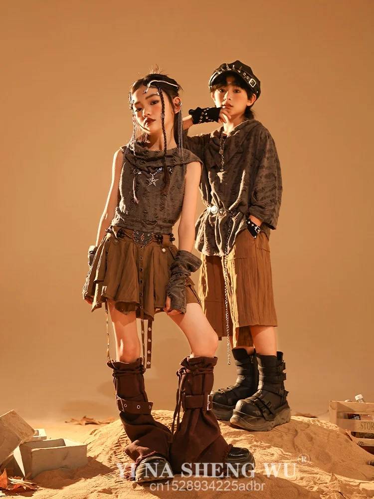 طفل القفار نمط الهيب هوب الملابس رمادي المتزعج هوديي أعلى القهوة مطوي تنورة السراويل لفتاة صبي أزياء رقص الملابس #2