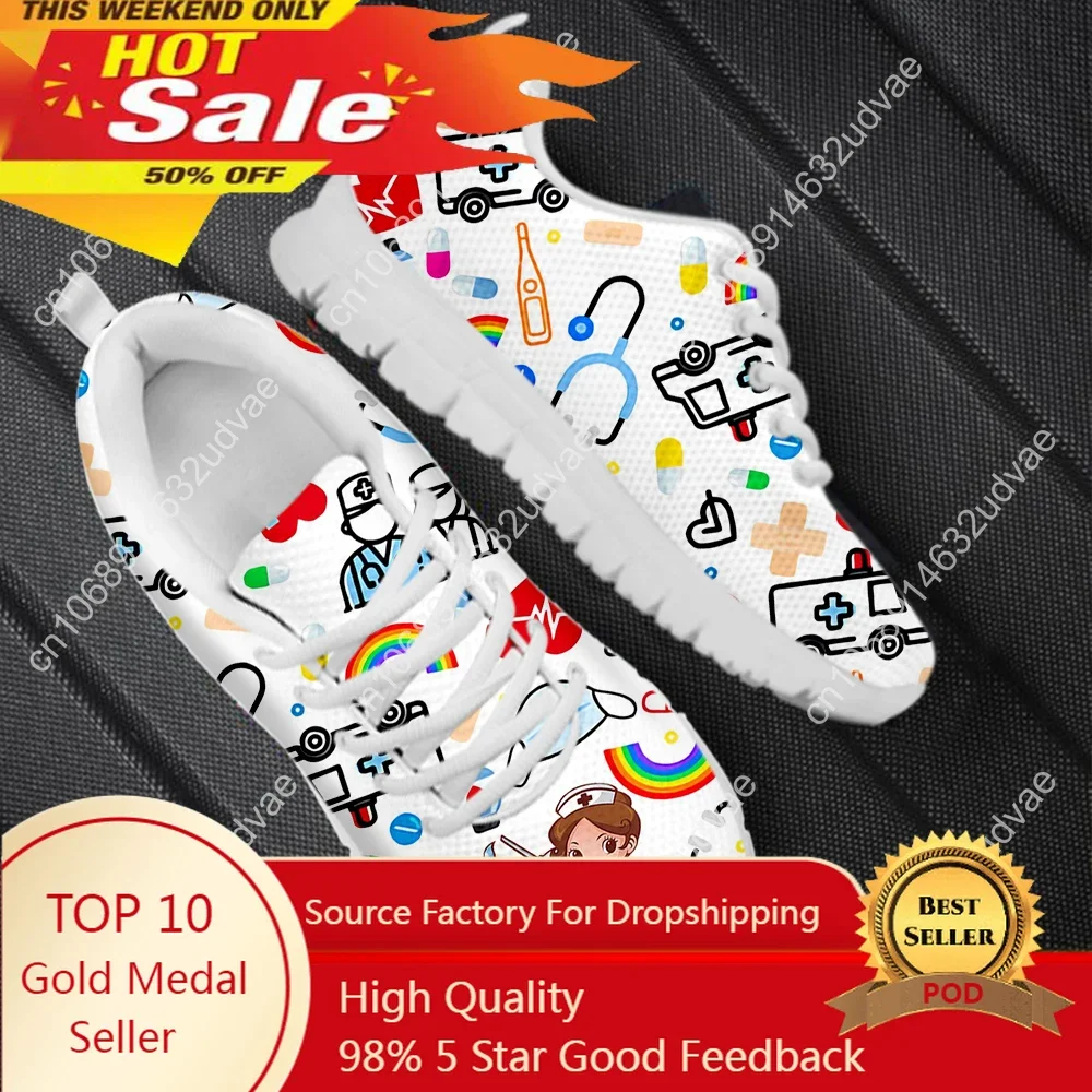 

2023 New Nurse Shoes Classic Cartoon Nurse Girls Ambulance ECG Medical Pattern Lace-up Sneakers Outdoor Footwear Hot