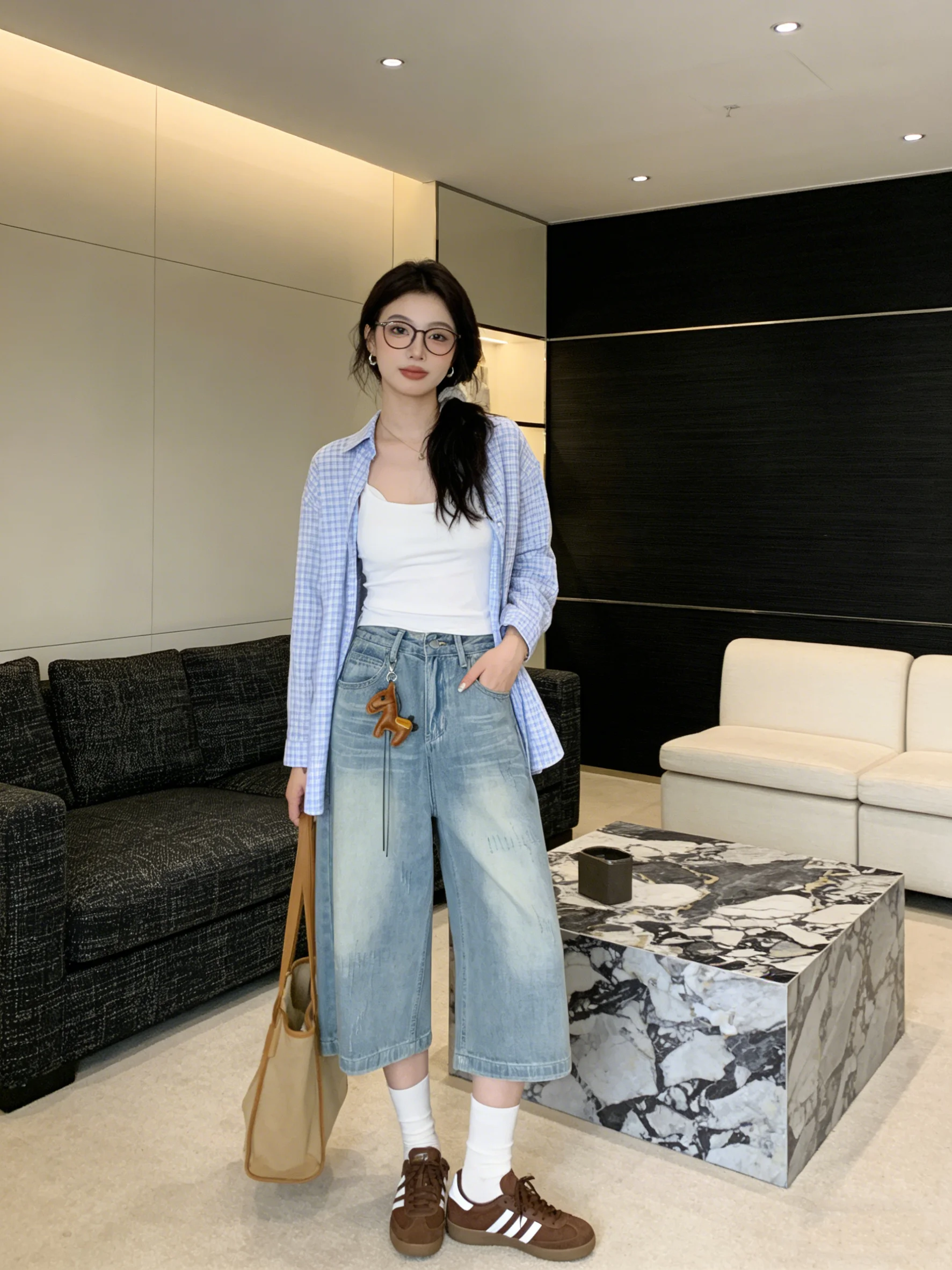 

Low Waist Wide Leg Pants Korean Style Washed Denim Women's Summer Loose Seven-Foot Casual Trousers Soft Jeans Versatile Simple