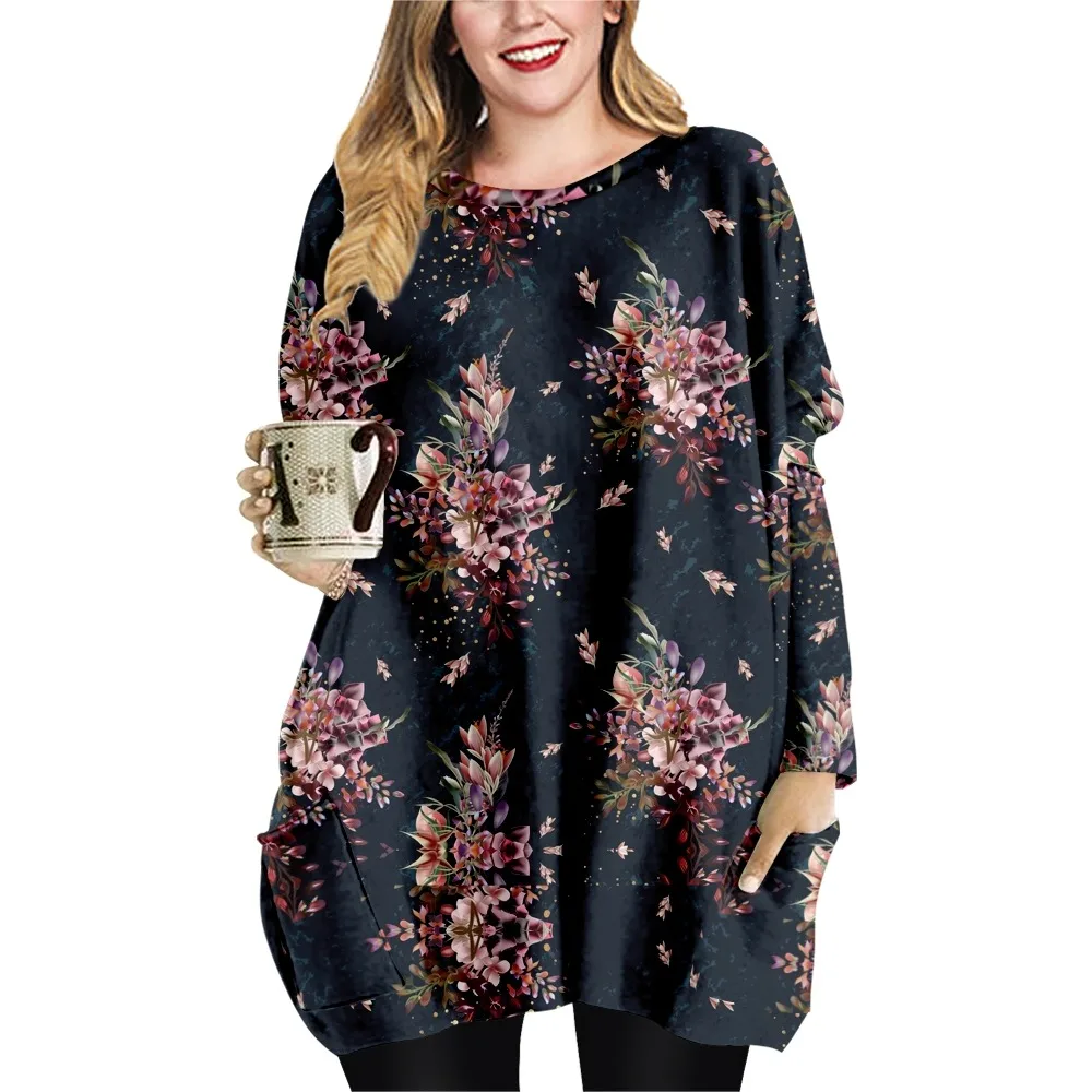 Retro flowers Print  Loose Casual Style Ladies T-shirt Double Pocket Dress Round Neck Long Sleeve Dress-