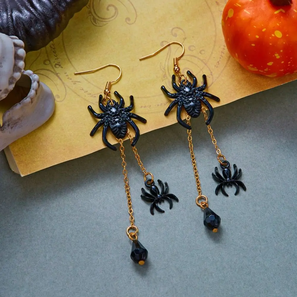 Punk Rhinestone Halloween Earrings Zircon Crystal Spider Dangle Earrings Ghost Trick or Treat Long Tassel Drop Earrings Cosplay