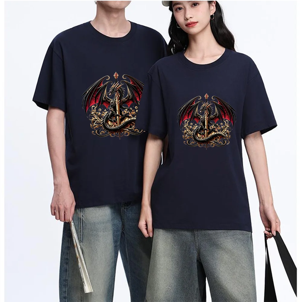 Dragon With Sword Printed T Shirt Breathable Fabric S-XL Personalized Custom Casual Short Sleeve Tee Aesthetic Graphic Top Unise