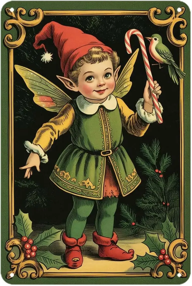 Christmas Elf Fairy with Candy Cane Tin Sign Vintage Holiday Illustration Metal Signs Wall Decor for Kitchen Bar Cafe Bedroom Ho