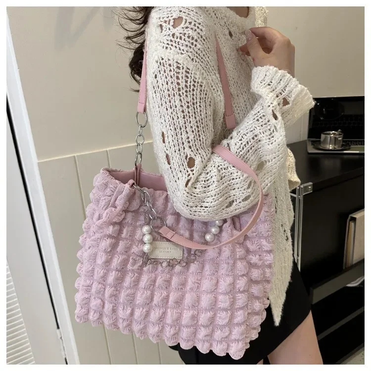 Damen Gesteppte Karierte Wolken-Baumwolltasche, Plissierte Unterarm-Hobo-Shopper-Umhängetasche für den Täglichen Gebrauch – Detail 14