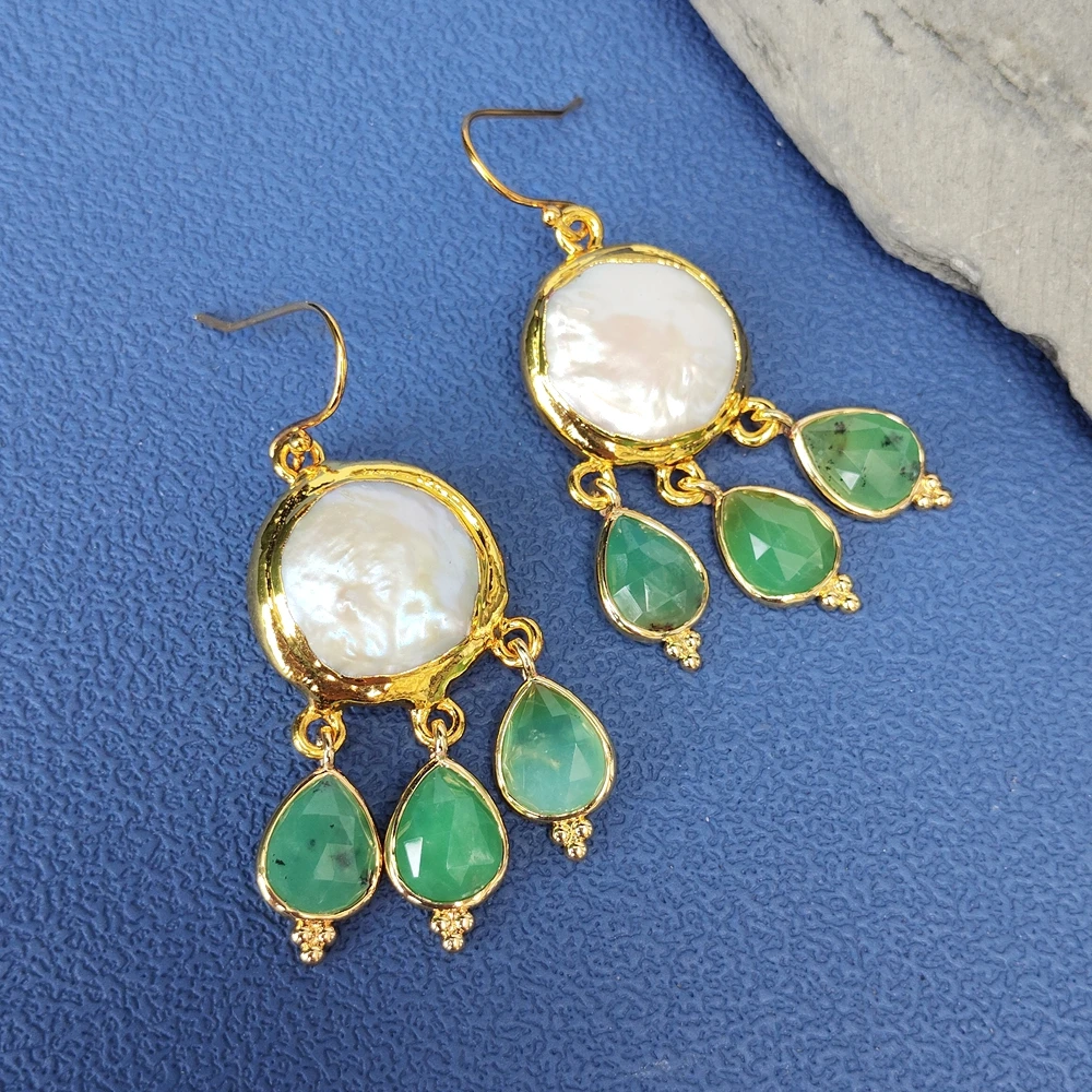 

yygem natural Freshwater Coin Pearl Green Chrysoprase Dangle hook Earring