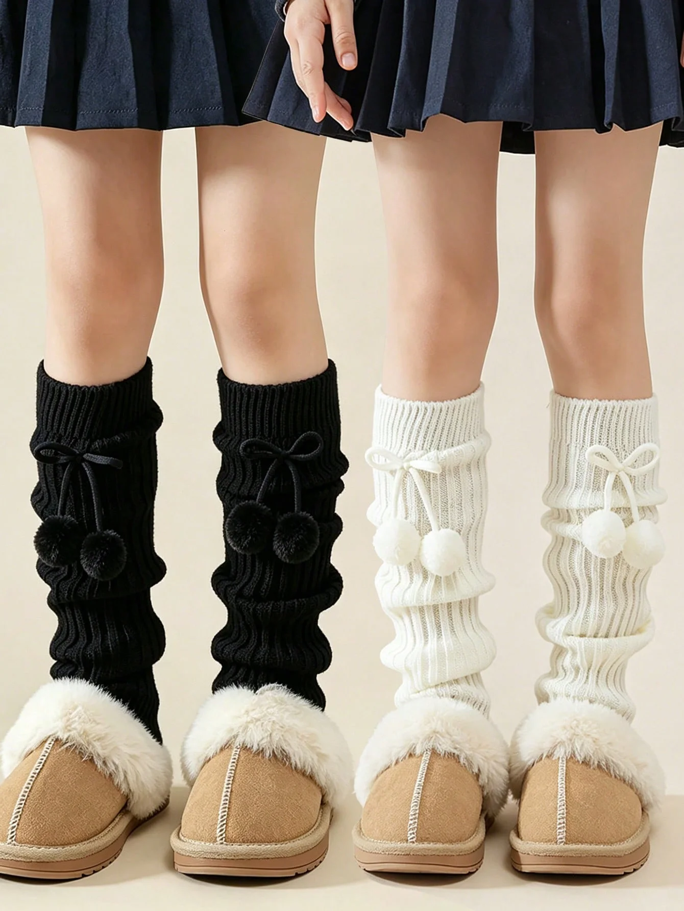 2/1 Pairs of Girls' Soild-color Korean style Knitted Leg Warmers with Pom Pom Bow,Cute Ruffle Calf Socks for Back to School Wear