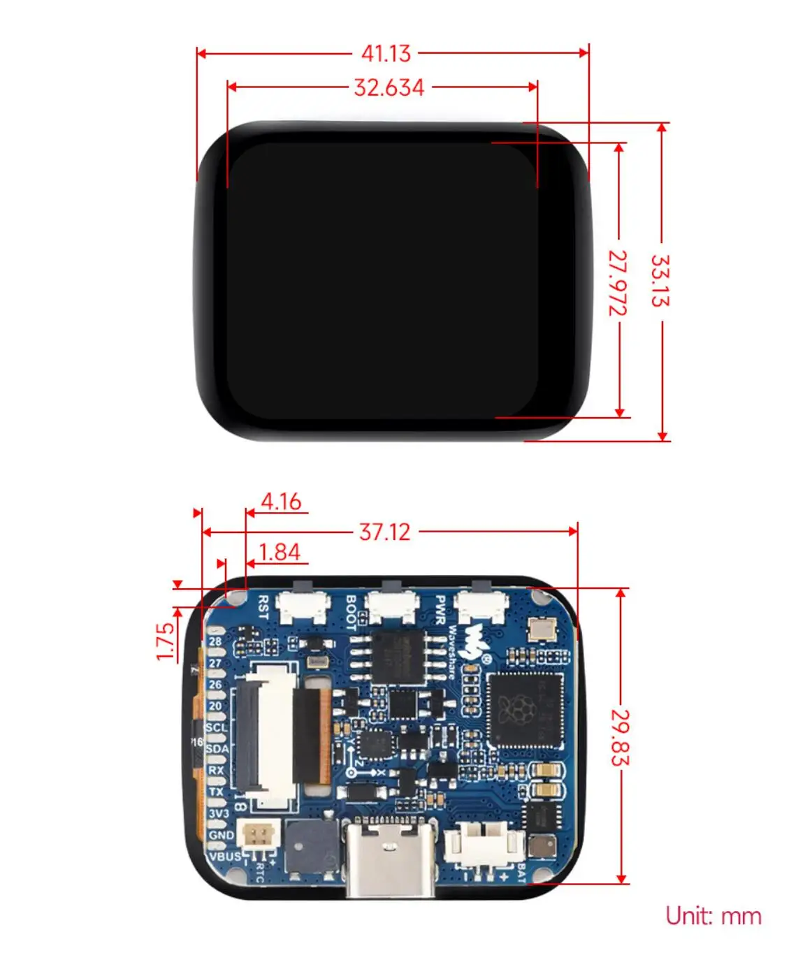 RP2040 Microcontroller Development Board, with 1.69inch Touch LCD, Rounded Corners