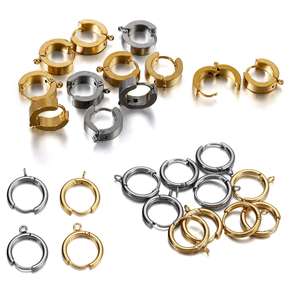 10pcs/lot Stainless Steel Gold Huggie Earring Hooks with Loop Round Ear Post with Open Jump Ring for DIY Jewelry Components