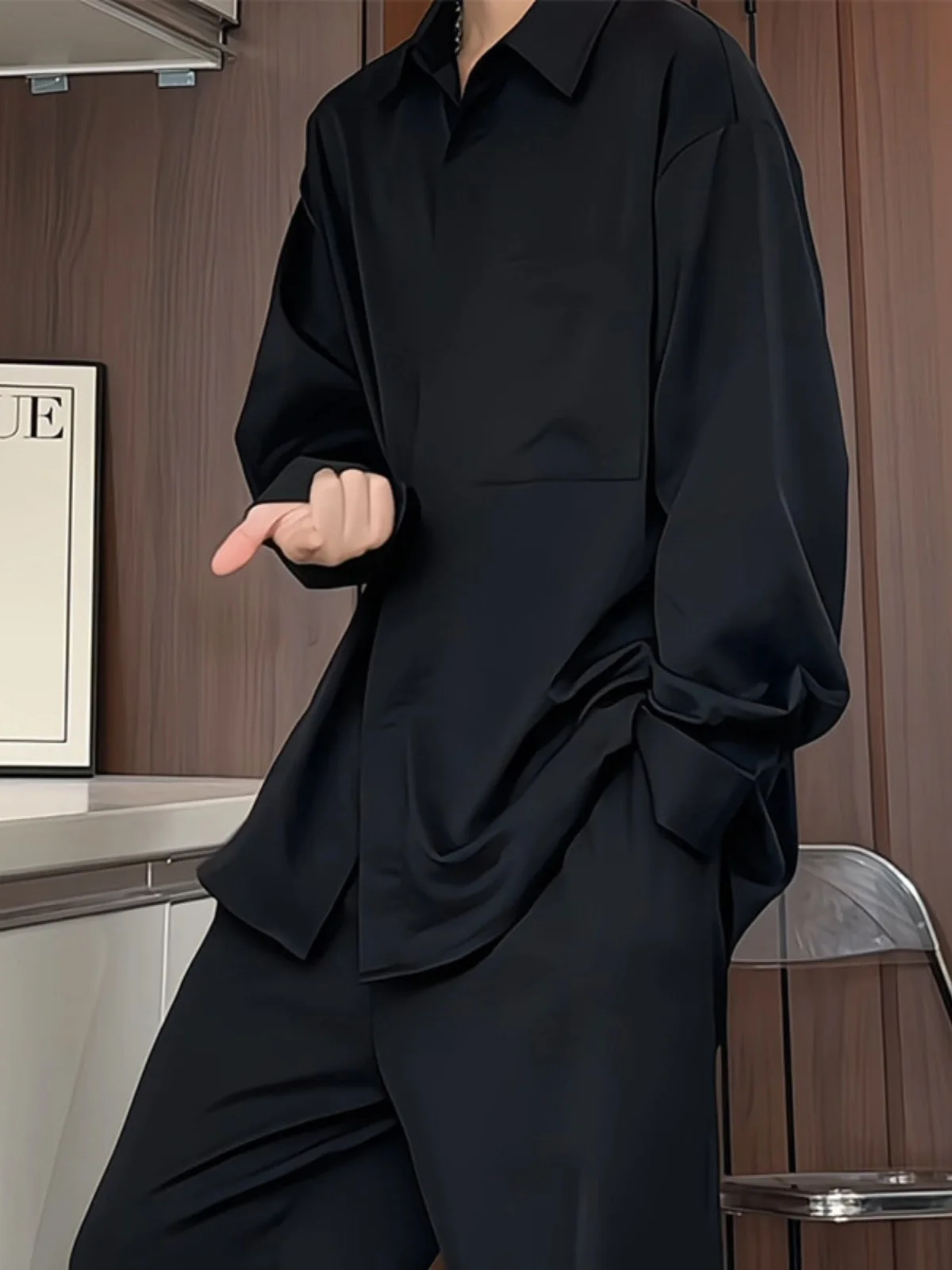 Black Long Sleeve Men's Shirt Spring Autumn Trendy High-End Feeling Handsome Inner Wear Cleanfit Dk Suit Jacket Polyester Fiber