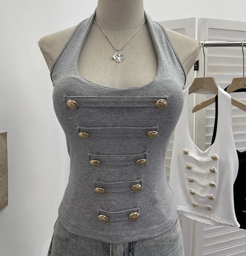 Metal Buckle Vest with Chest Pad Hanging Neck Slim-fitting Short Y2k Spice Girl Sleeveless Top Women
