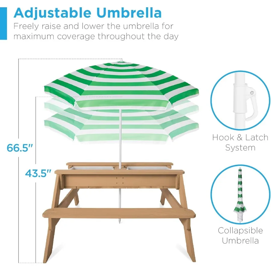 Tavolo da picnic convertibile per esterni in legno con sabbia e acqua 3in1 con ombrellone, 2 vassoi, parte superiore rimovibile, capacità 220 libbre per panca, verde