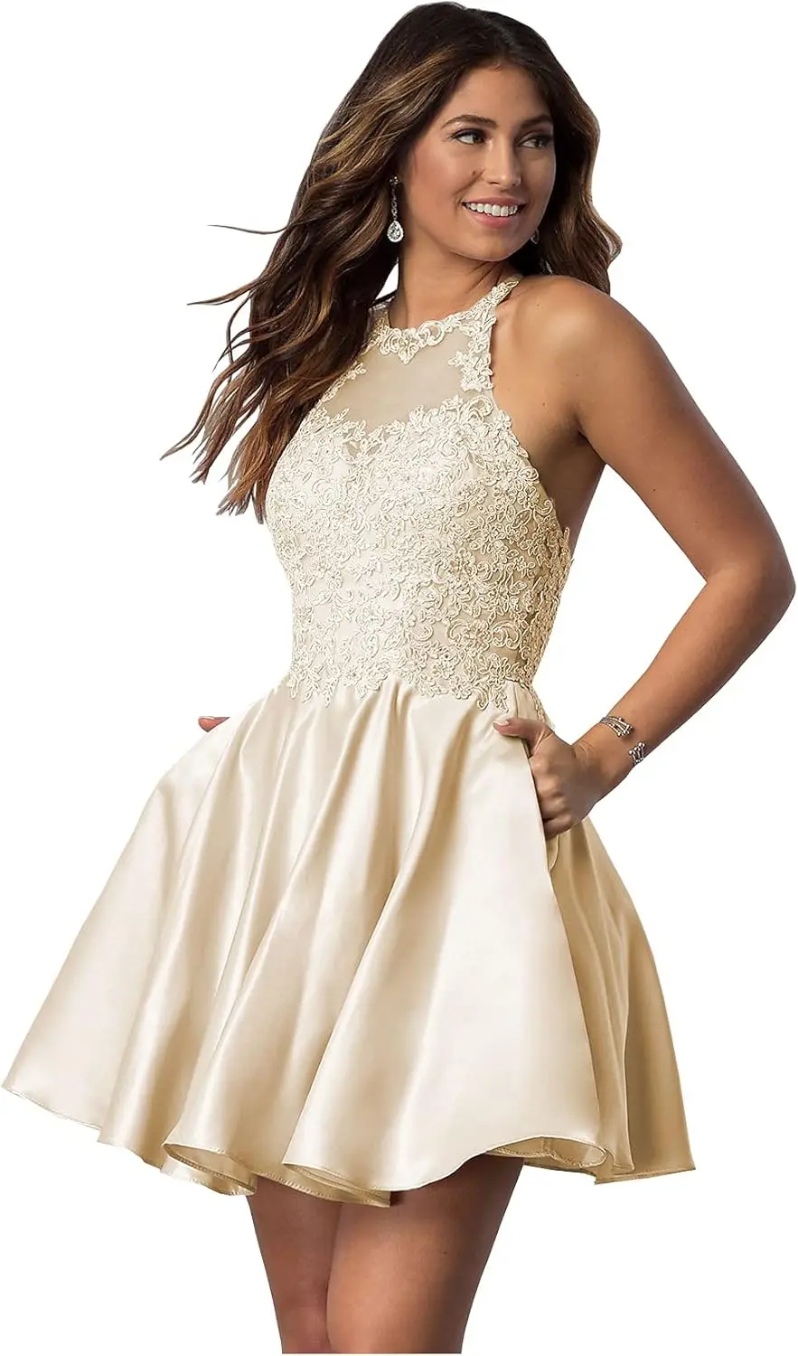 

Атласное школьное платье для подростков, с карманами, кружевными оборками из бисера и открытыми плечами, торжественное вечернее платье, праздничное танцевальное платье