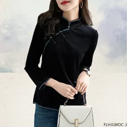 Chinese Style Chi-pao Collar Design Black Velvet Tops New Year 2025 Spring Women Date Girls Elegant Retro Shirt Blouse Vintage
