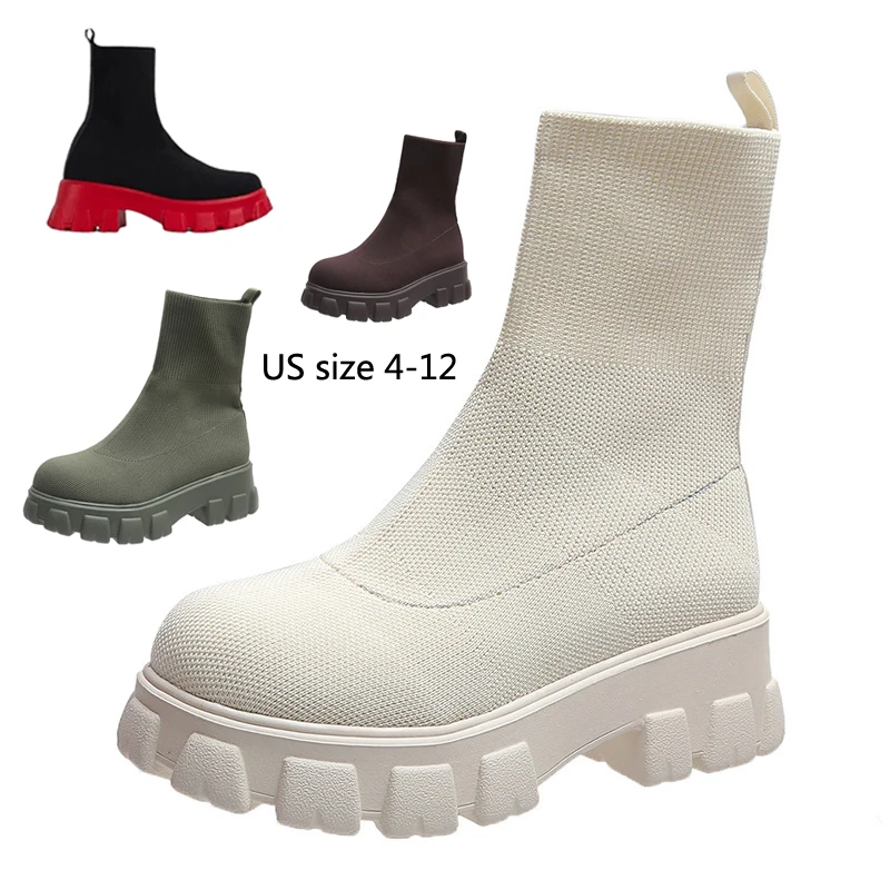 

Knitted Elastic Women's Boots Round Toe Autumn Winter Thick-soled High-heeled Shoes Couple Socks Shoes Women Snow Boots