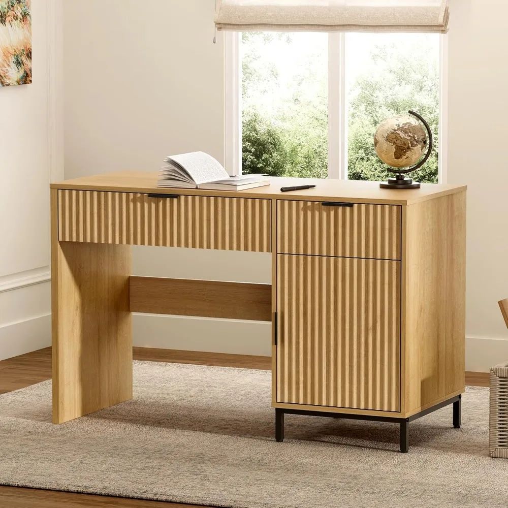 

47" Fluted Executive Desk, Modern Wood Home Office Desk with Charging Station, Drawer & Cabinet, Computer Writing Desk for Work