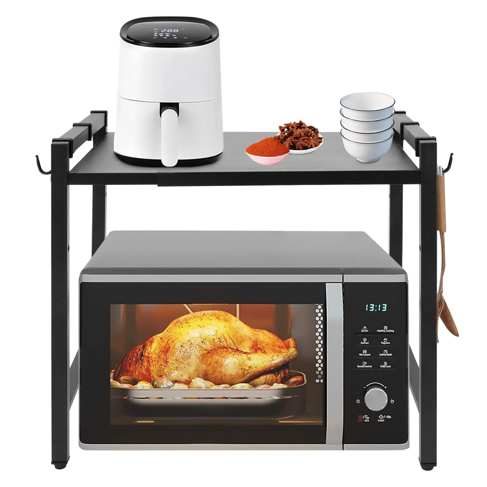 رف فرن ميكروويف قابل للتمديد، رف طاولة مطبخ قابل للتعديل شديد التحمل، حامل ميكروويف من طبقتين مع 6 خطافات لملابس المطبخ