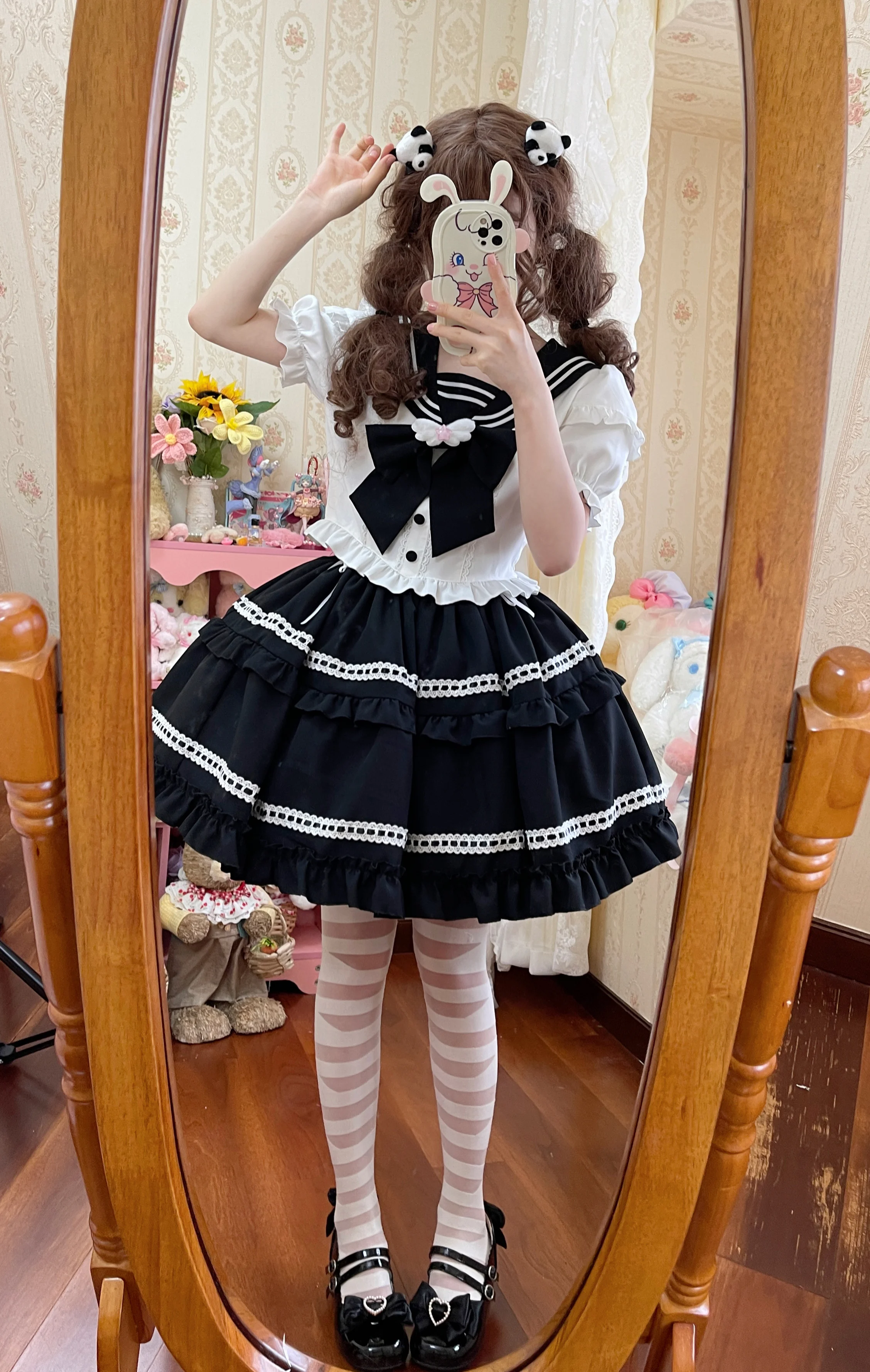 Kawaii Sweet Lolita Jurken Navy Kraag Ruches Vestido Mujer Strik Patchwork Prinses Party Femme Robe 3 Kleuren