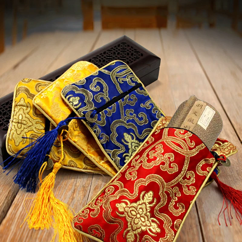 Retro Scripture Bag Double-layer Thickened Ethnic Dragon Pattern Rich Flower Zipper Jewelry Bag Brocade Buddhist Scripture Bags