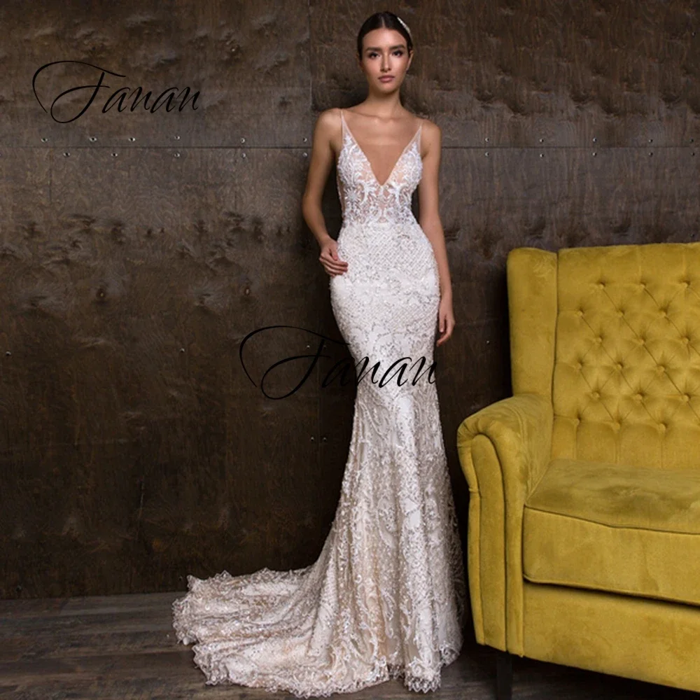 Vestidos de casamento sem costas com alças, vestido de noiva sereia, sexy e luxuoso, decote em v, robe de casamento, apliques