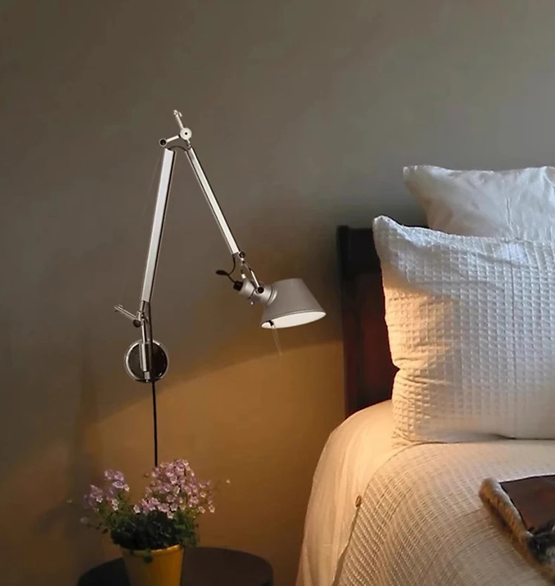 Long Arm Wall Lamp Silver Black Metal E27 Bulb Switch