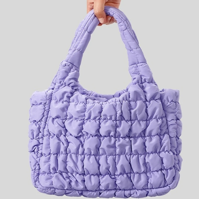 Woman Bag Fashion Candy Color Quilted Pleated Tote Bag Light Weight Large Capacity Space Cotton Padded Handbag Female Crossbody