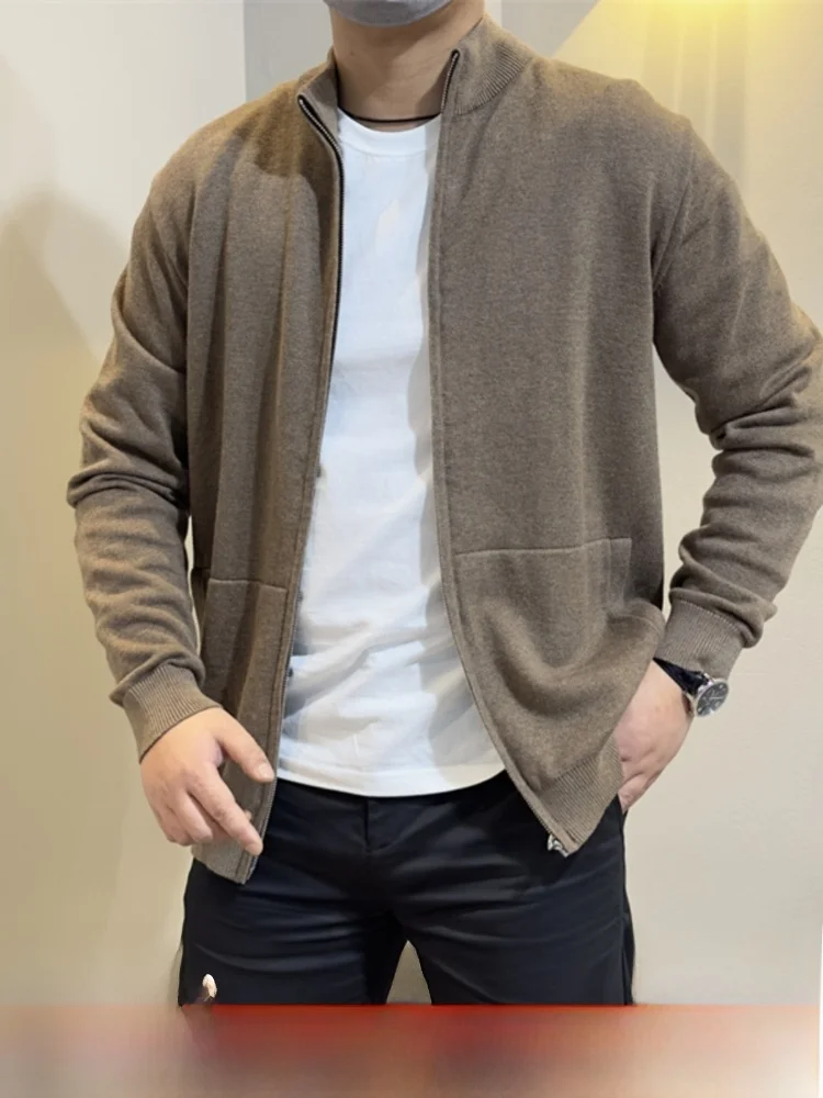 

Мужской повседневный шерстяной вязаный кардиган на молнии, весна-осень, универсальный модный длинный свек, молодежный городской Sle, чистый цвет