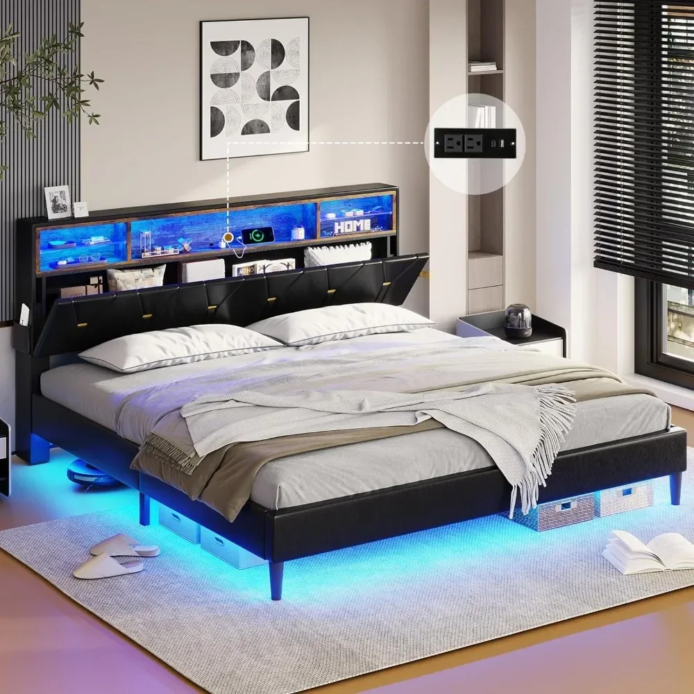 Bed Frame with LED Lights and Headboard Storage, LED Bed Frame King Size with Charging Station, Upholstered Bed Frame