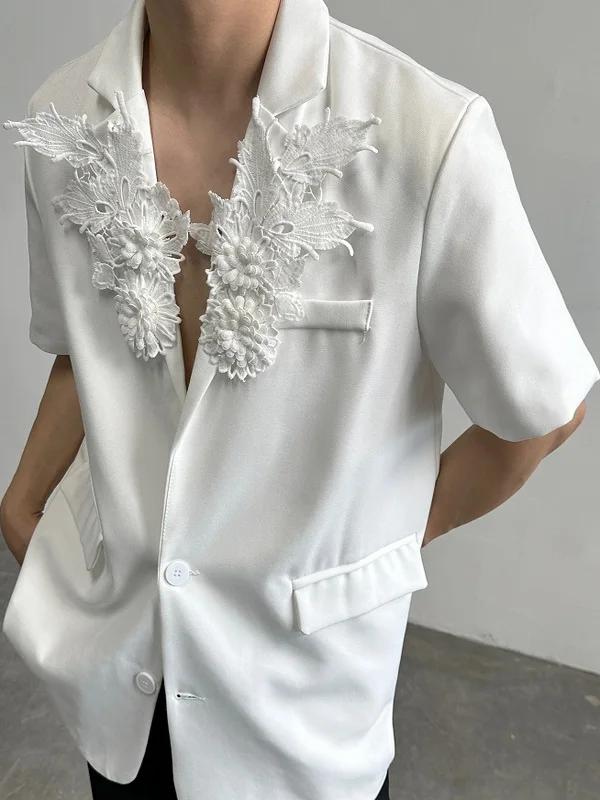 

Summer New Sle Trendy Men's ort Sve Suit Jaet Turn-down Collar 3D Floral Design Haome Casual Faionable Coat