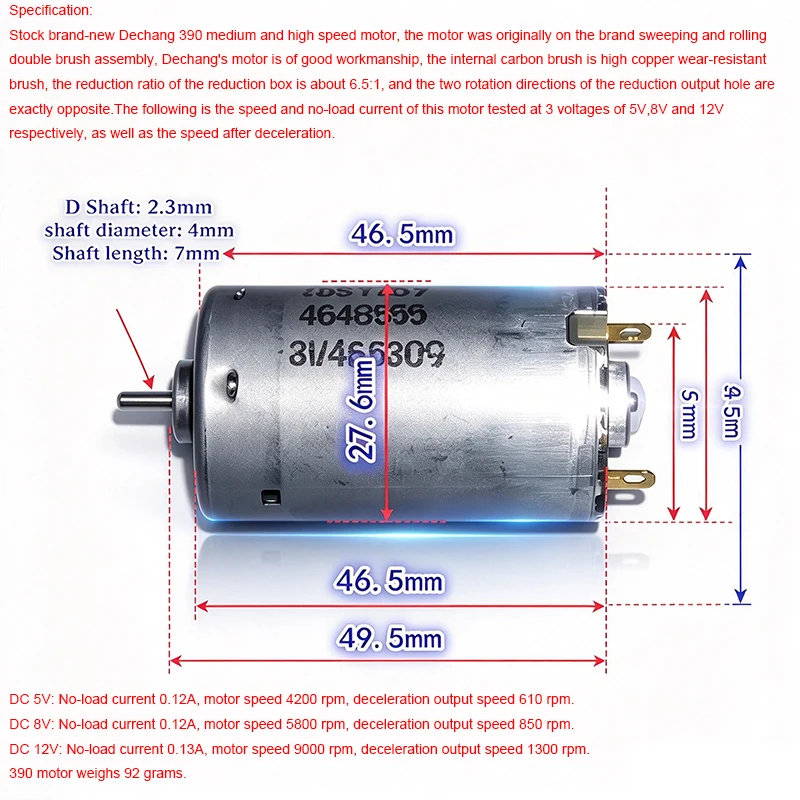 Johnson 390 Carbon Brush Motor DC 5-12V Medium High Speed Large Torque 390 Motor Sweeper Double Roller Brush Motor