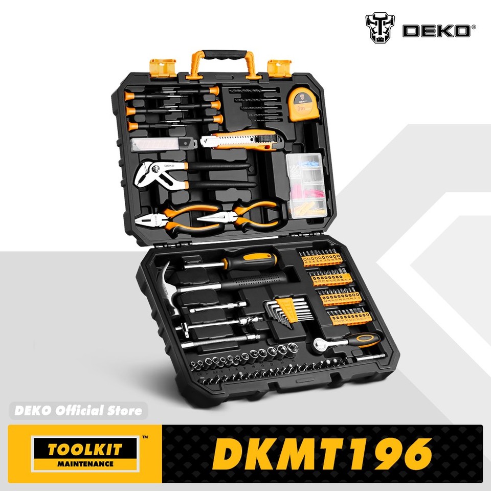  DEKO DKMT128/DKMT196 Home DIY Tool Set Auto Repair Combination Package Hand Tool Kit with Plastic Tool box, Screwdriver, Hammer
