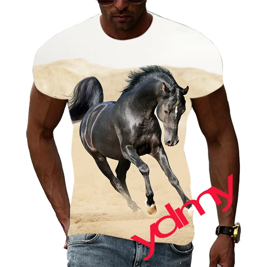 Tide Fashion Summe Fine Horse Picture Men's T-shirt Casual Print Tees Hip Hop Personality Round Neck Short Sleev Quick Drying