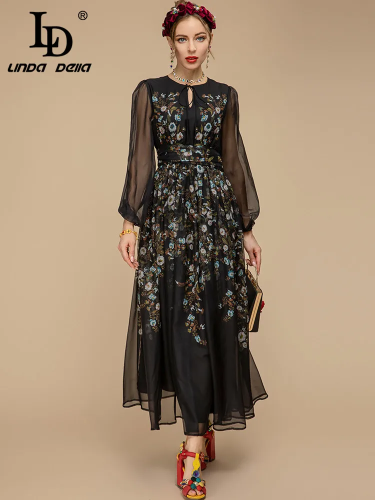 LD LINDA DELLA Fashion Designer Spring Dress Women\'s Long sleeve Flower print Holiday Black Vintage Party Midi Dress