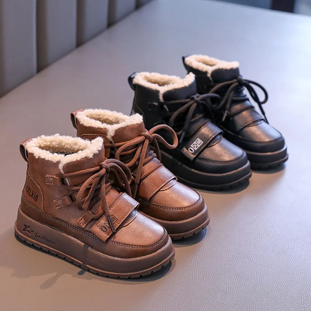 PU Leather Snow Boots For Children Thick Warm Plush Boots Anti-slippery Teenager Boy's Girl's Cotton Shoes Vintage Footwear