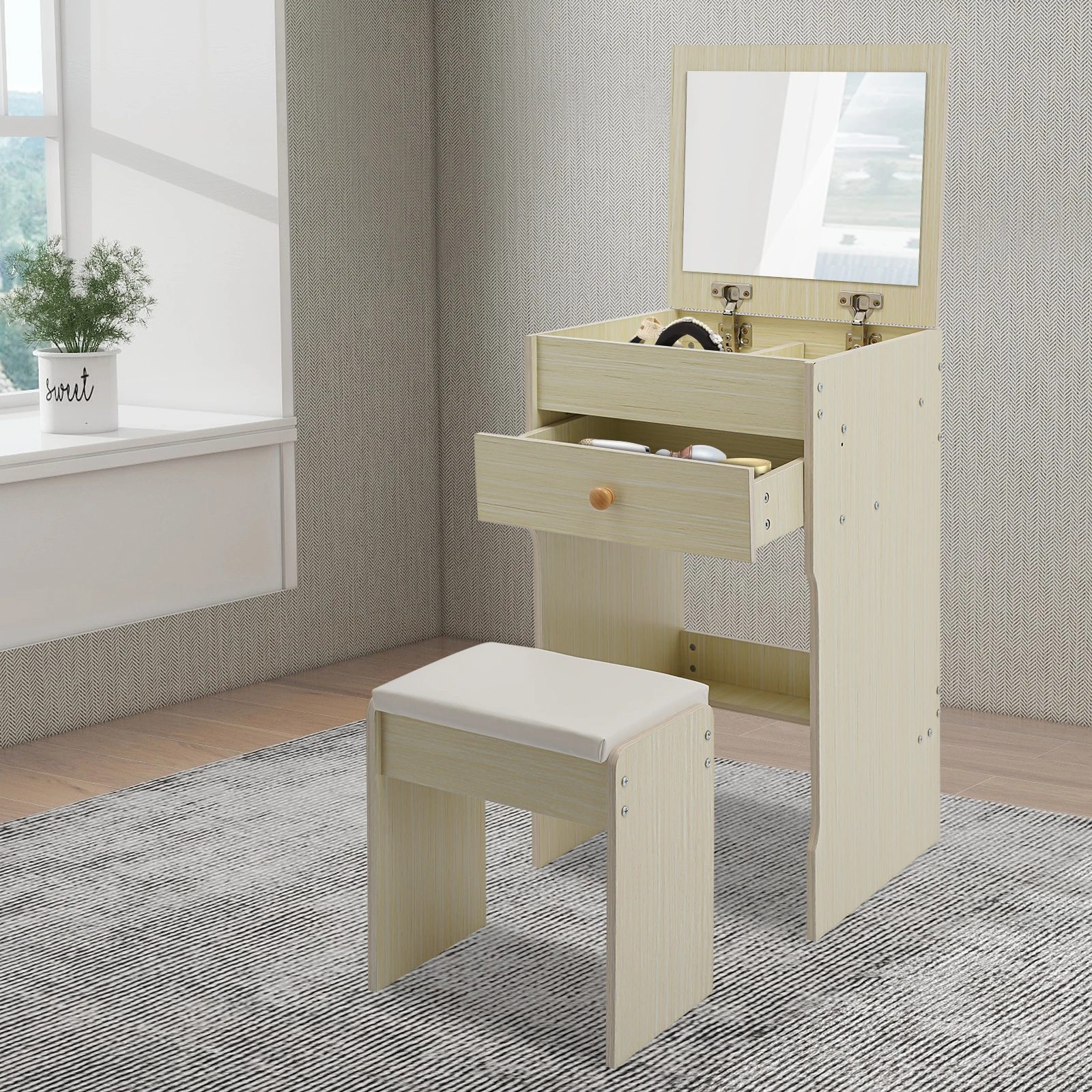 

Vanity Table with Mirror, White Oak Color Compact Makeup Vanity with Storage Compartments and Stool, Dressing Table for Bedroom