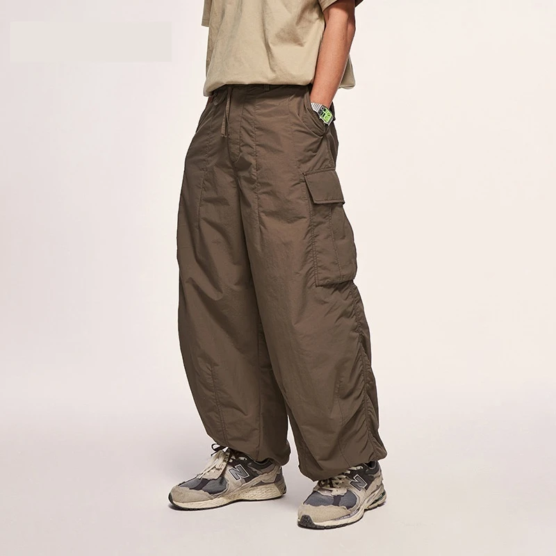 Jiezhan Mens Plaid Cargo Pants Autumn Trendy Loose Wide Leg Pocket Trench Coat Style Slacks Casual Trousers