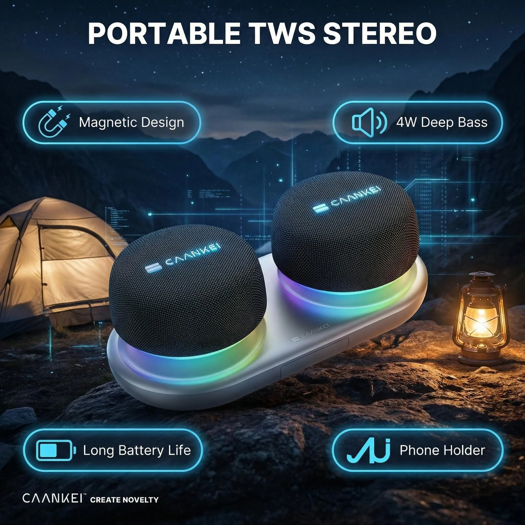 

Dual Bluetooth Speaker Set with Magnetic Base & Phone Stand TWS Stereo Sound 10H Playtime RGB Music Sync Lights for Home Theater