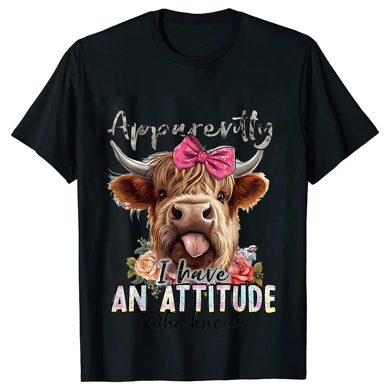 Highland Cow Print T-Shirts for Women Attitude Design Female Tshirts Short Sleeve O-neck T Shirt Funny Cartoon Clothes Women